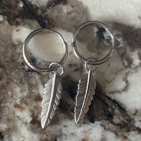Stainless Steel Feather Dangle Hoop Earrings - Picture 1 of 4